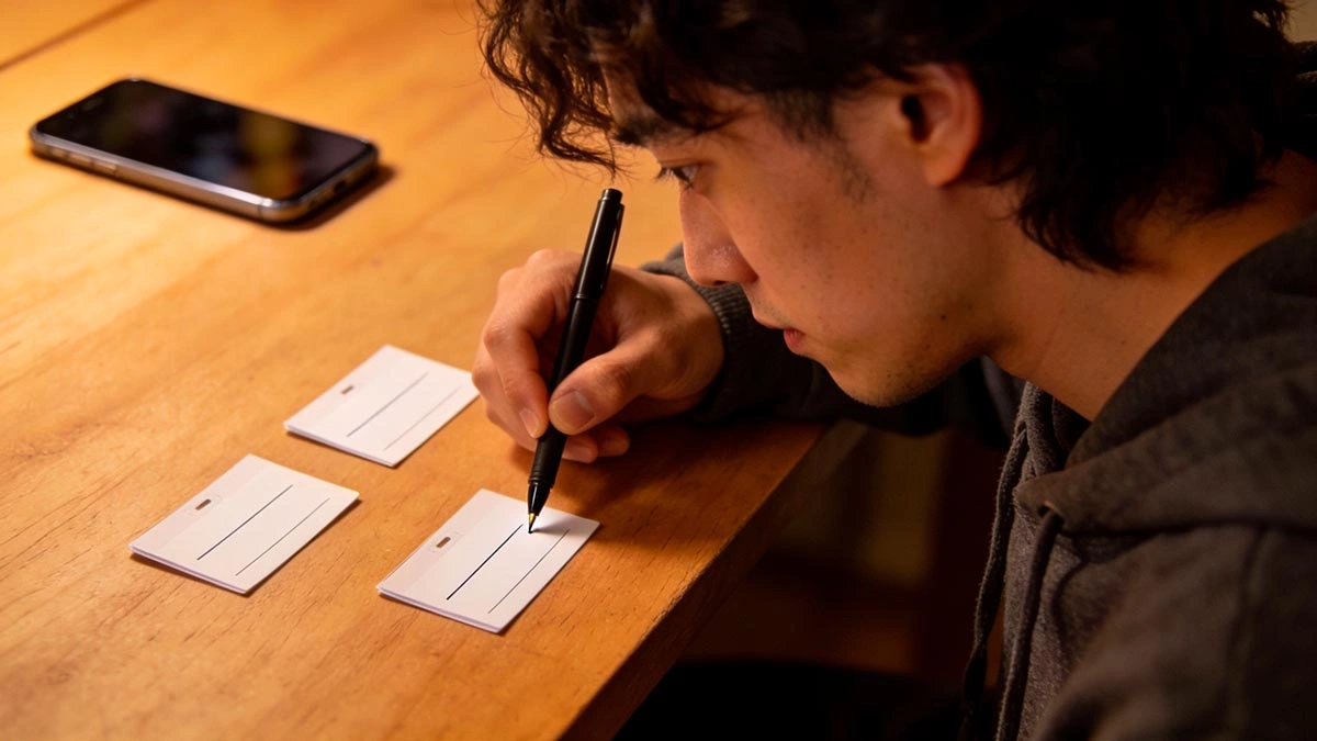 dating profile username ideas for men: man writing a username idea on a blank name tag while phone lies on desk