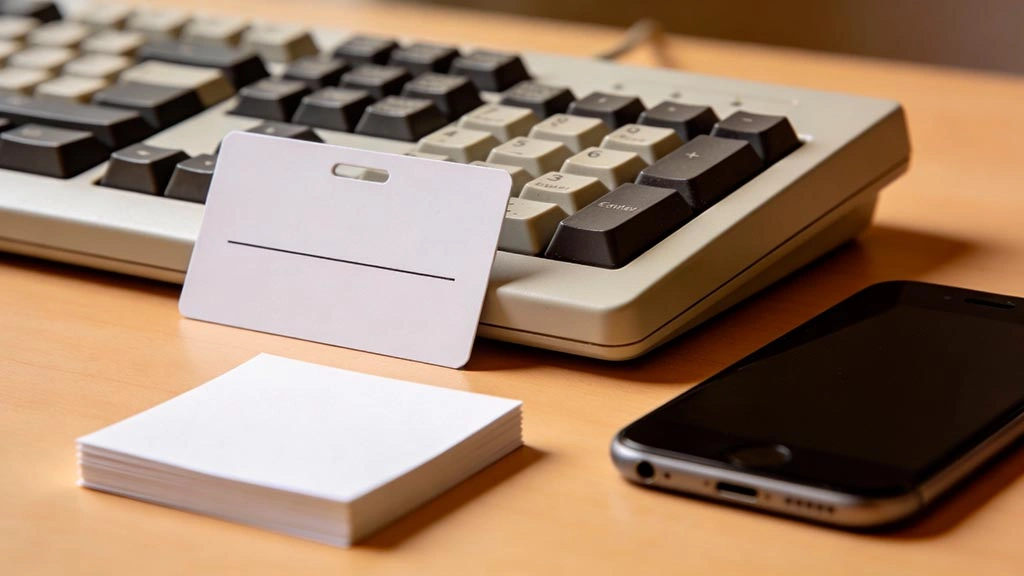 dating profile username ideas for men: blank name tag and minimal desk objects representing a clean handle