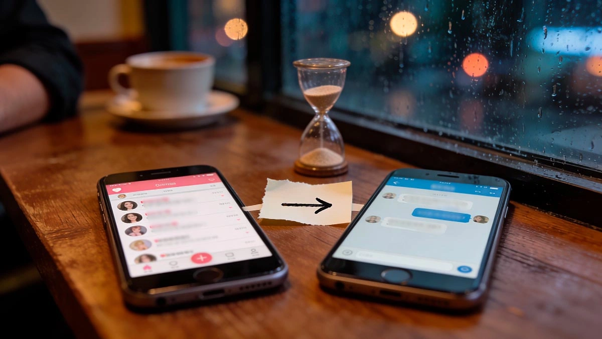 move to WhatsApp scam: dating app chat on phone on table with WhatsApp logo blurred and warning vibe, no readable text