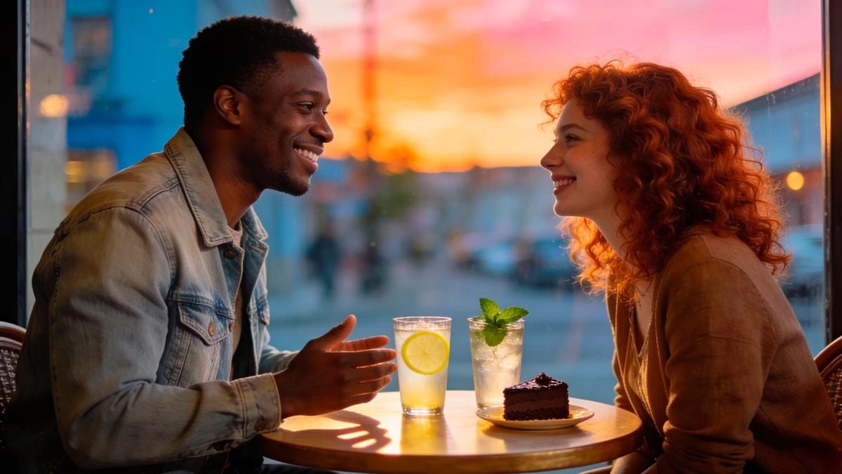 first date conversation flow: two people talking at a small café table with relaxed body language, no screens, no text