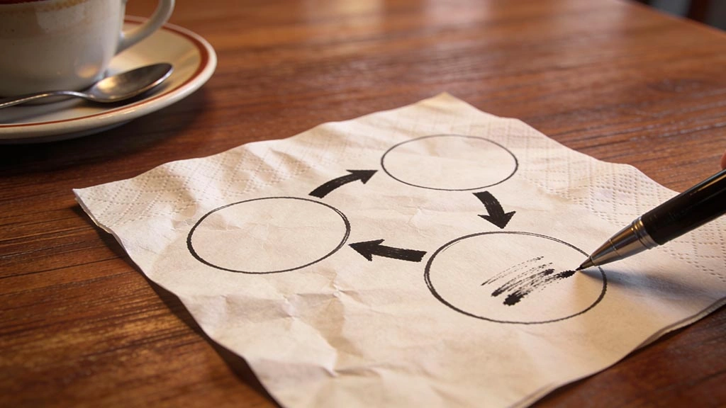 flirting structure: close-up of a napkin with three blank circles connected by arrows, pen and coffee cup