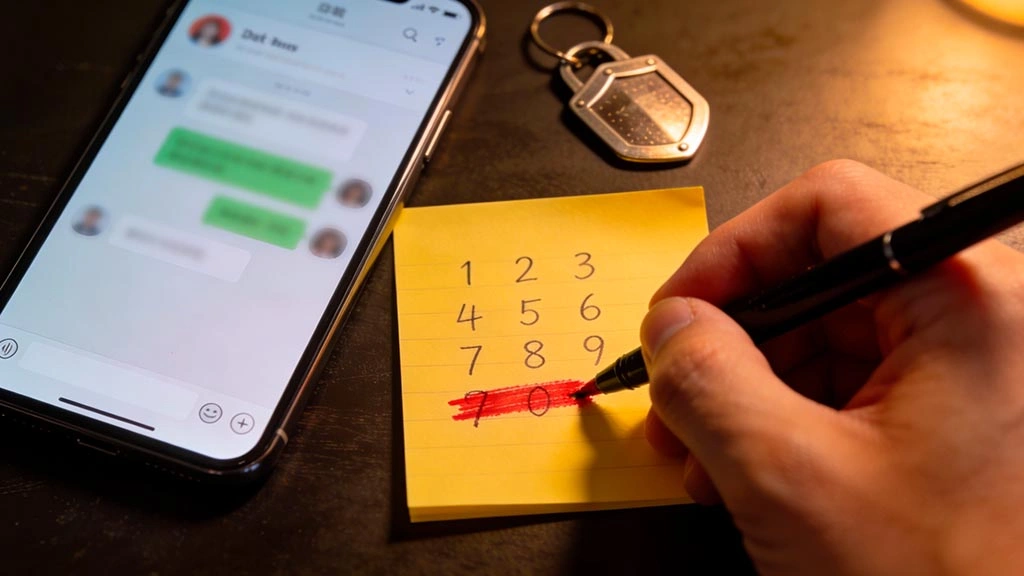 move off app safely: a small padlock and two phones on a table, chat screens blurred, no readable text