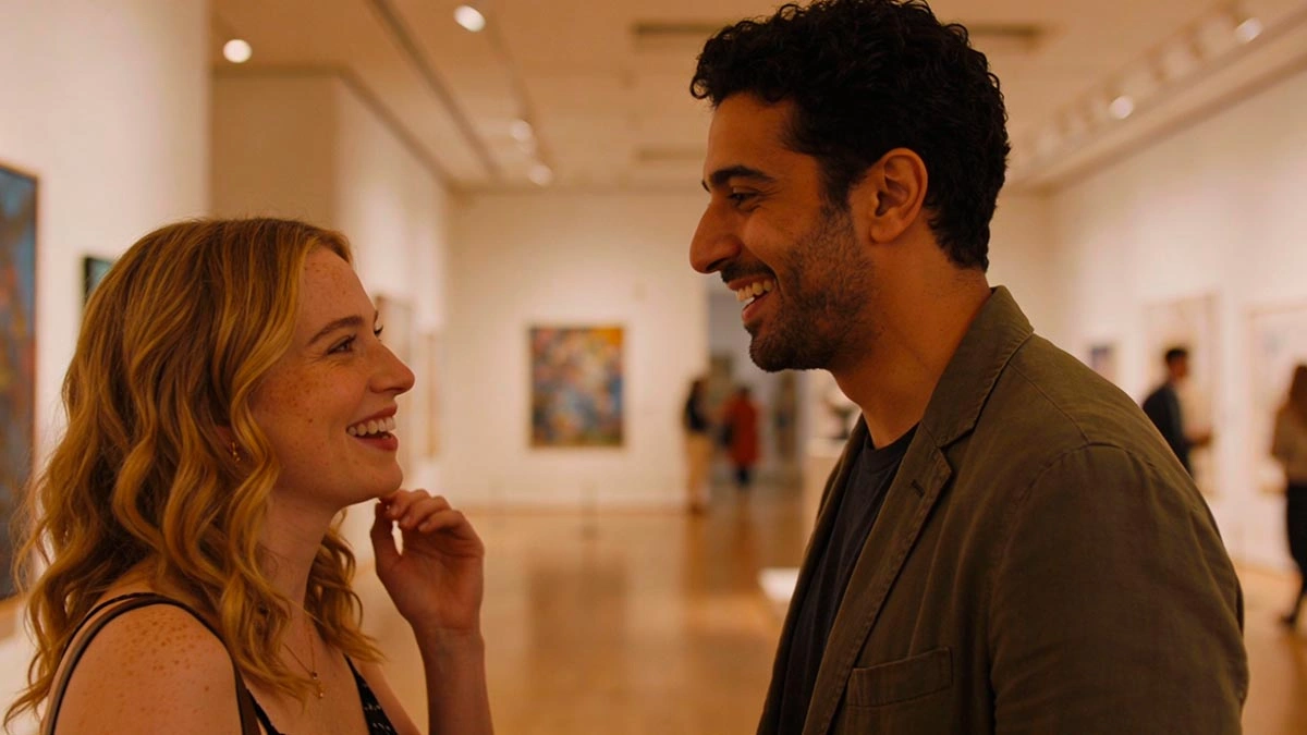 confident compliments flirty not needy: a man and woman laughing on a first date, he gives a warm specific compliment, candid moment