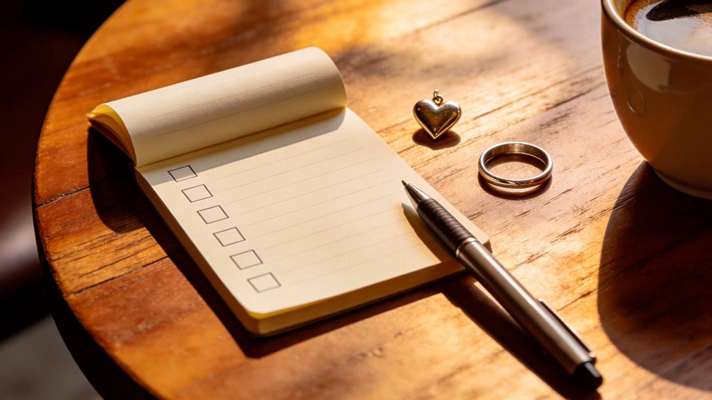 specific compliments: a small open notebook with blank checkboxes and a pen, plus a tiny heart charm, no text