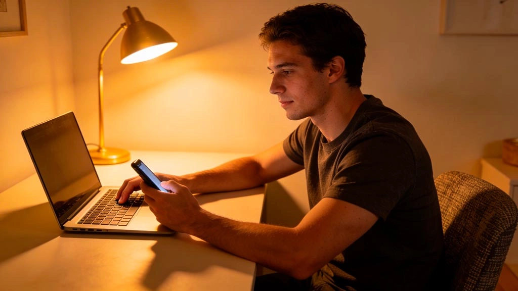 man at a desk typing a short follow-up text, soft evening light, realistic photo