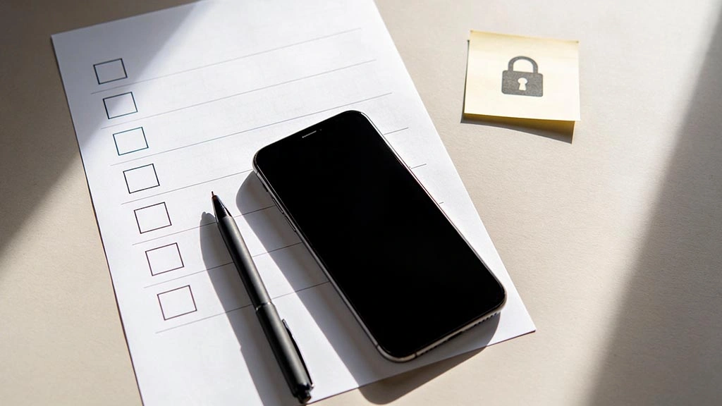 online dating safety checklist on a clean desk, phone screen off, bright daylight, realistic photo