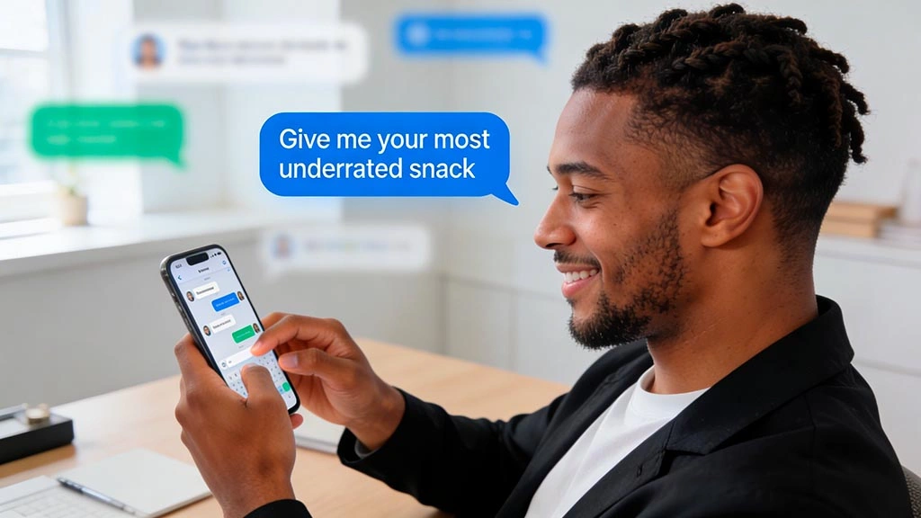 man typing a short playful message on phone, relaxed posture, bright modern interior, realistic photography