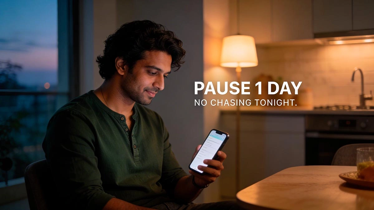 she stopped replying: man calm with phone showing a 24-hour timer rule, bright modern interior, realistic photo