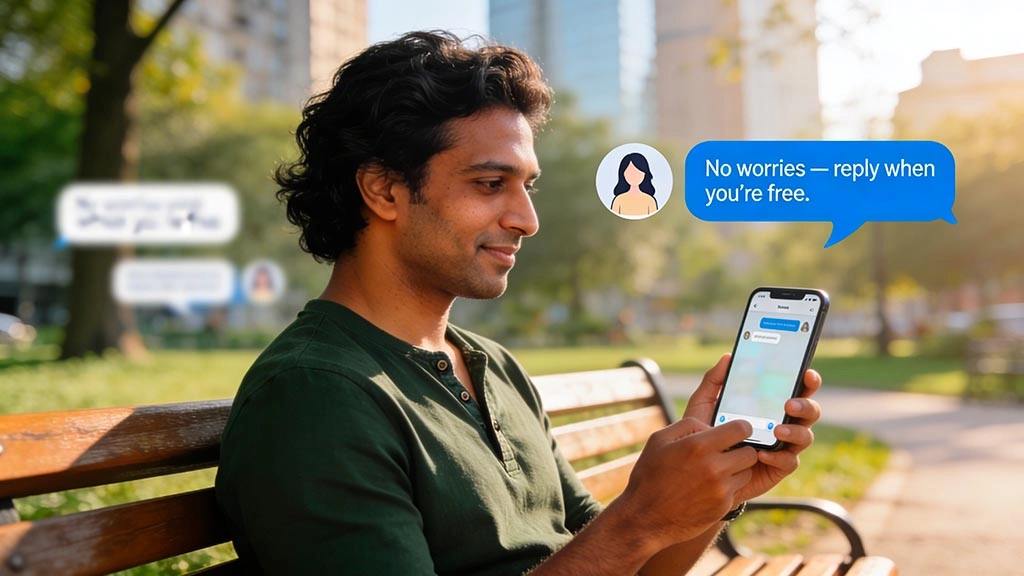 man checking phone calmly, generic chat bubble with no reply, realistic photo, screen facing camera