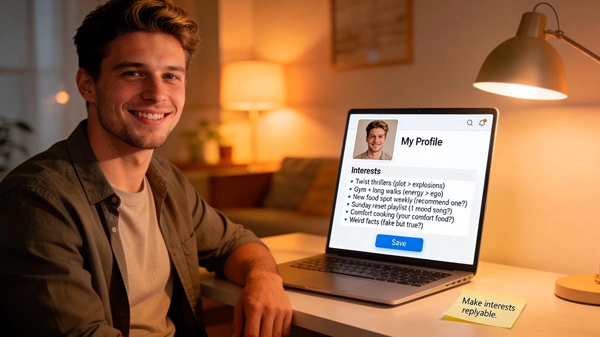 profile interests that get replies: a man updating a dating profile on a laptop, clean home setup, confident relaxed vibe