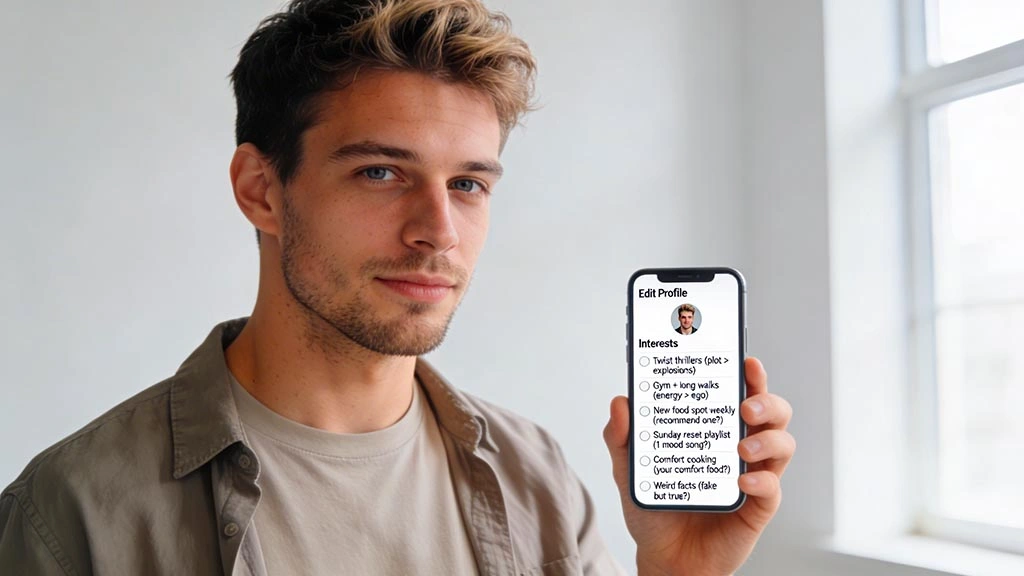 dating profile interests examples: phone screen showing an interests section with short specific bullets, readable screen, no app logos