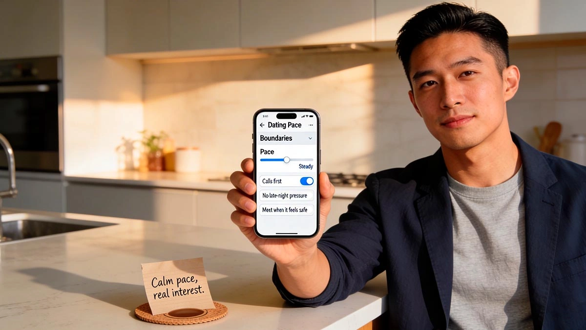 pressure to move fast story: man reading pushy message on laptop, calm focused expression, cozy apartment desk setup