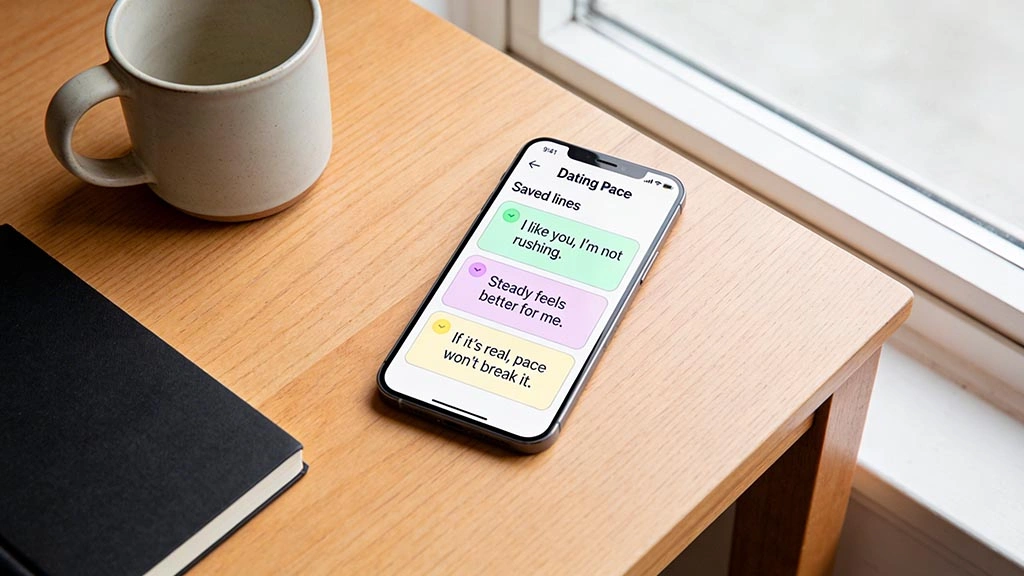 moving too fast online messages: phone screen with generic chat showing a request to rush and a calm boundary reply, readable screen