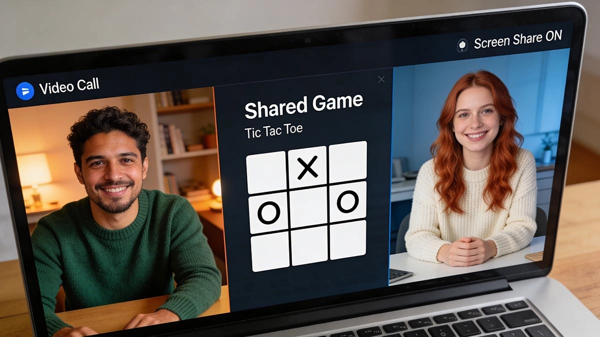 screen share mini games on a call: a man on a couch using a laptop during a video call, shared game on screen, cozy relaxed vibe