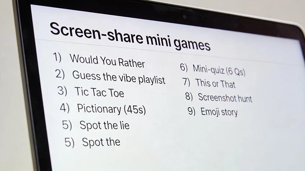 screen share game ideas: a laptop screen showing a generic menu titled Screen-share mini games with a short list of options, readable screen, no logos