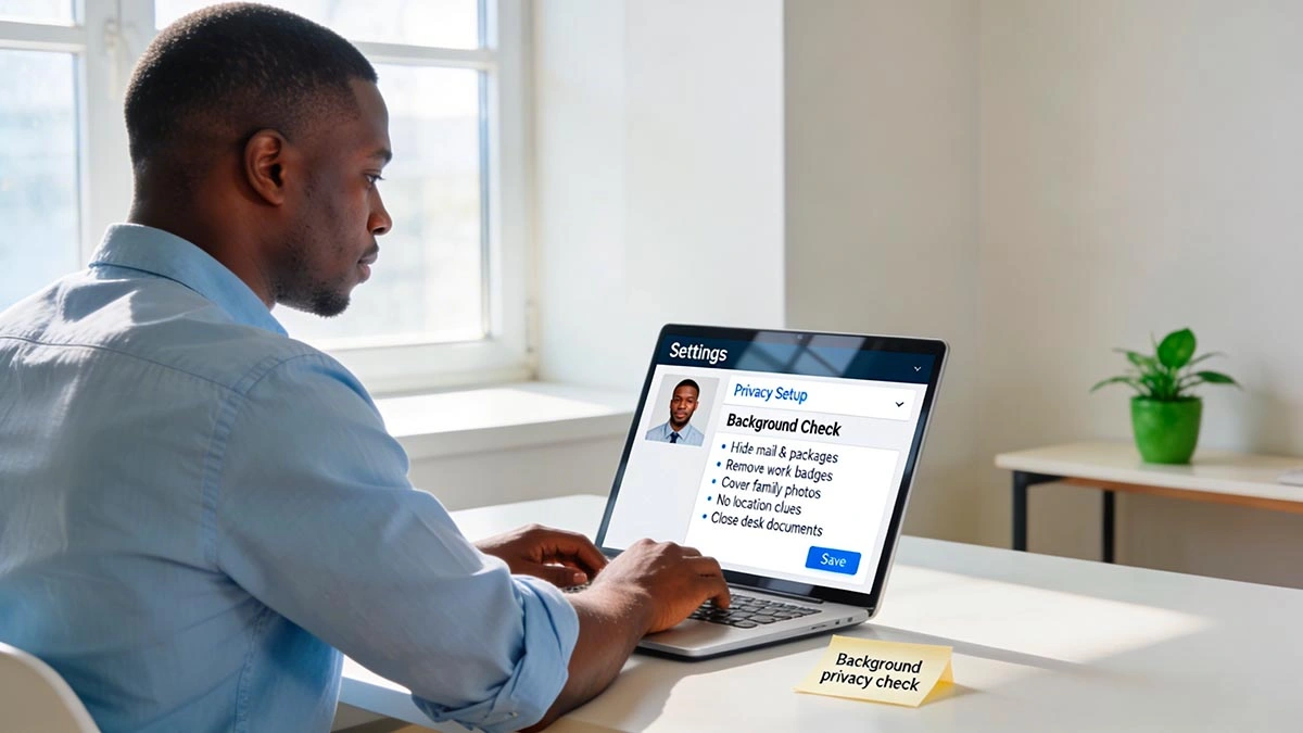 Man doing a webcam background privacy check before a CamDating call