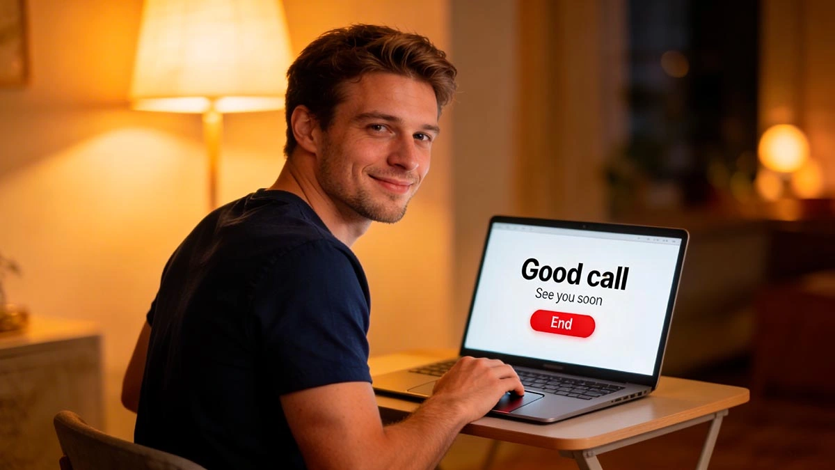 how to end a video call: laptop shows a simple call wrap-up screen, man smiling relaxed, realistic photo