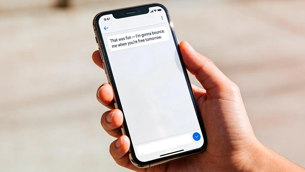end a video call politely: phone shows a short clean goodbye + next-step text template, realistic photo