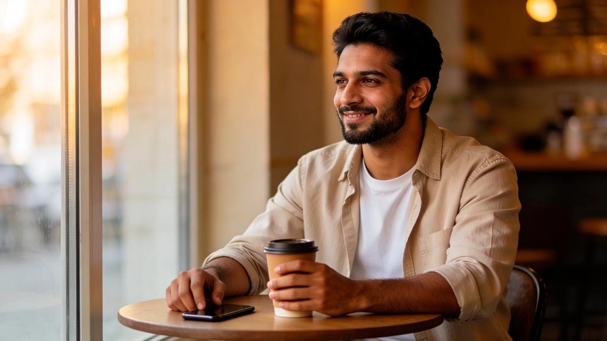 one sentence texting rule: a man rewriting a long text into one clean sentence on a laptop screen, calm confident vibe