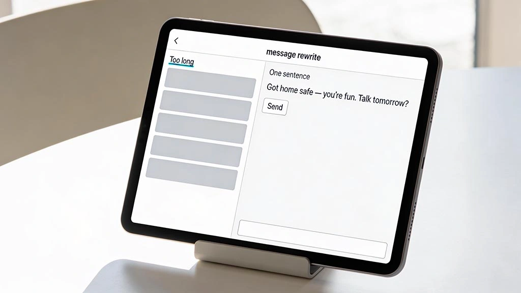 concise messages: a phone screen showing one clean sentence in a message draft, no chat history, simple generic UI