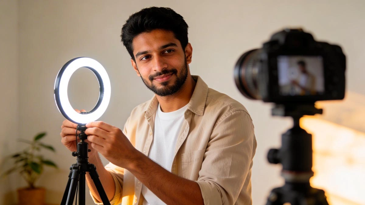 profile video intro: man setting up a simple camera angle and lighting for a natural intro