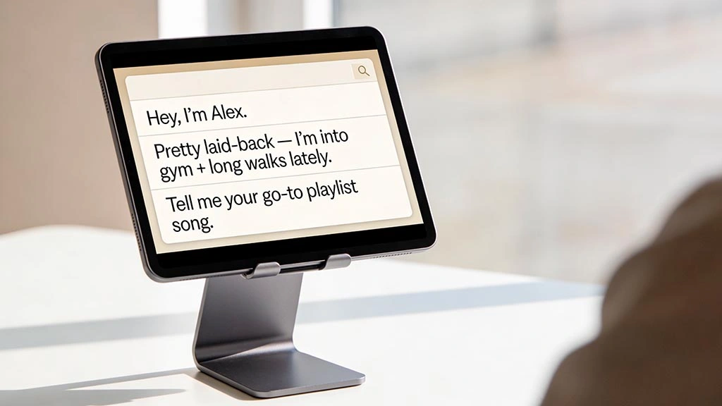 profile video intro script: tablet teleprompter showing a short natural 20-second intro line