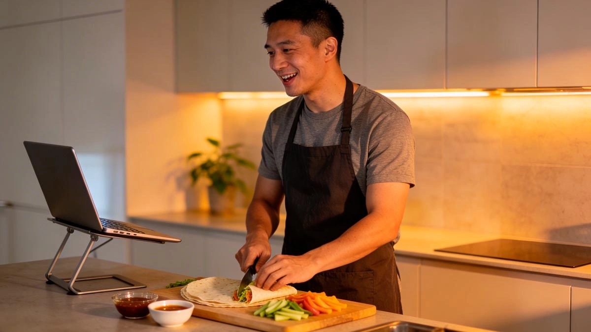 cook together on video call: a man prepping simple ingredients for a fun video date cooking session
