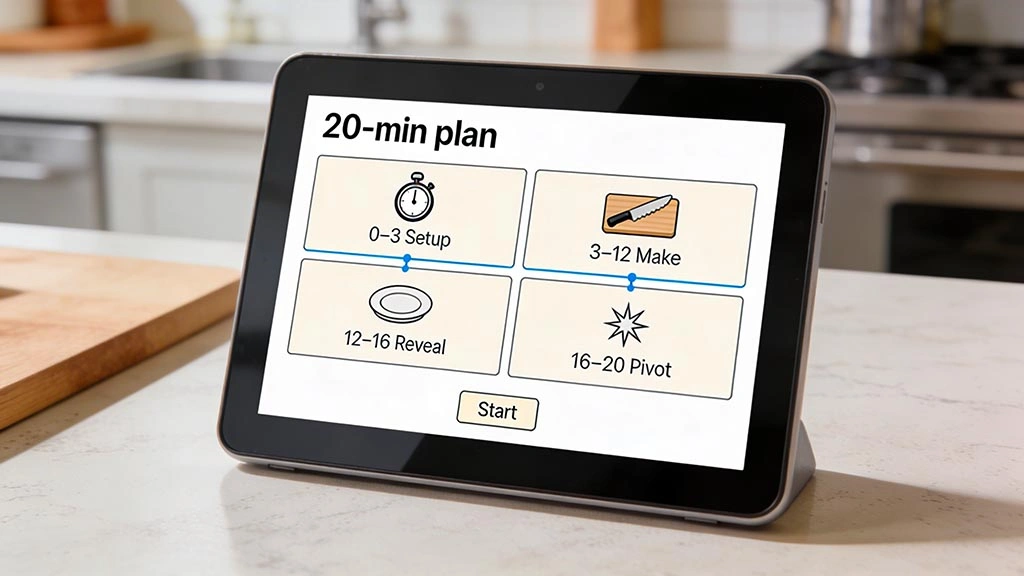 cook together on video call: a simple on-screen timer layout showing a 20-minute call flow for cooking together