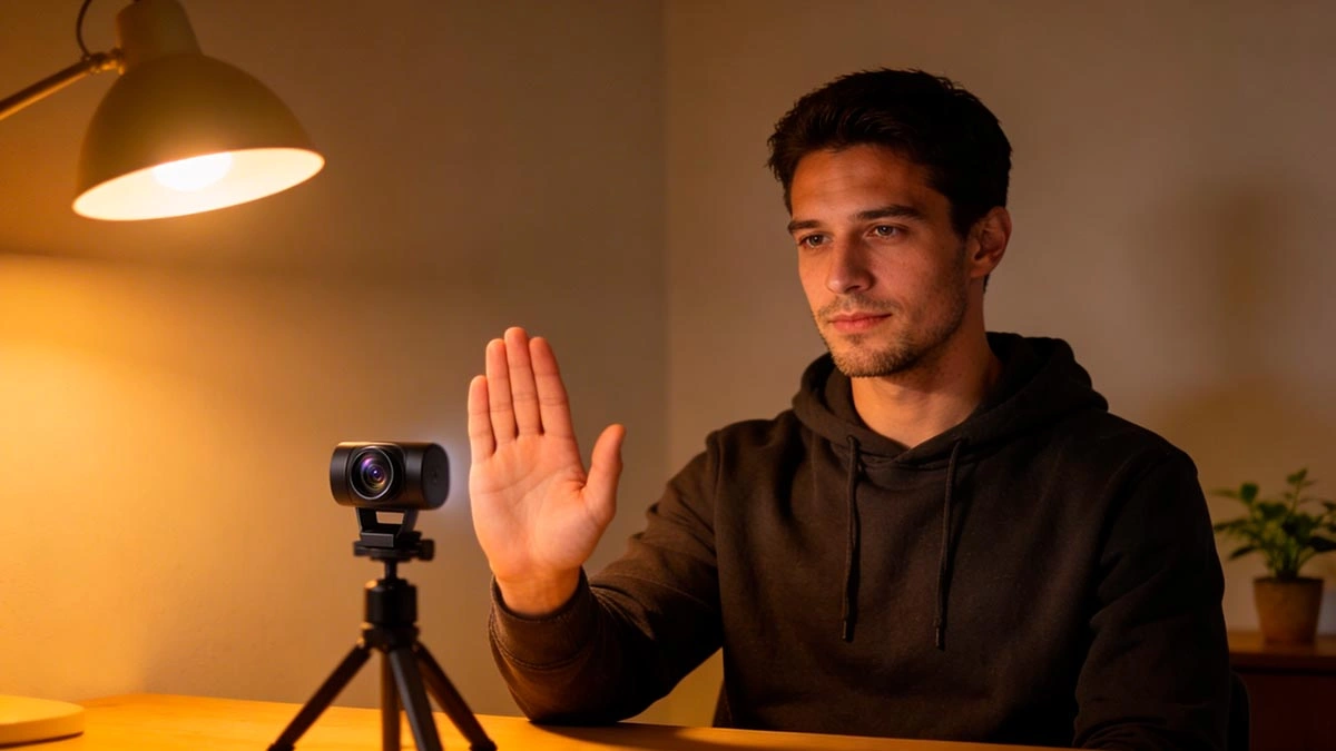 screen recording privacy: man sets a clear boundary on a video call, calm confident body language